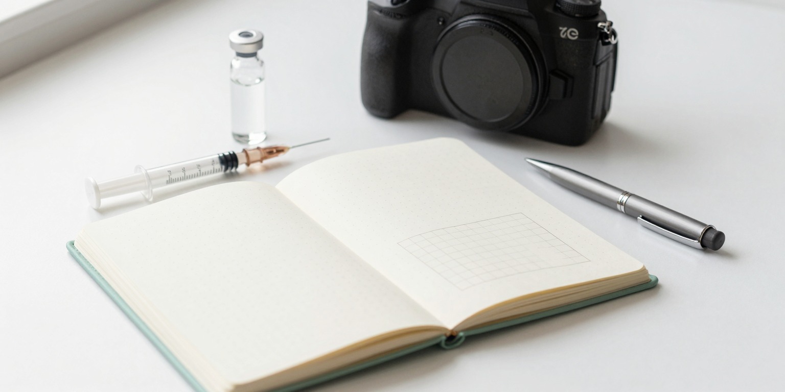 A minimalist dose-tracking setup: a glass vial, syringe, and open notebook log laid out on a clean surface